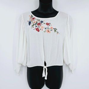 Wonderly Peasant Top XL White Pink Embroidered Floral Crinkle Batwing Tie Waist